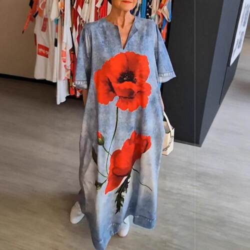 Plus Size Women's Floral V-Neck Long Dress, Fashionable Loos
