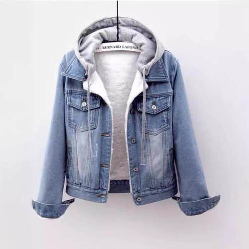 Womens Casual Denim Jacket Long-Sleeved Hooded Short Denim