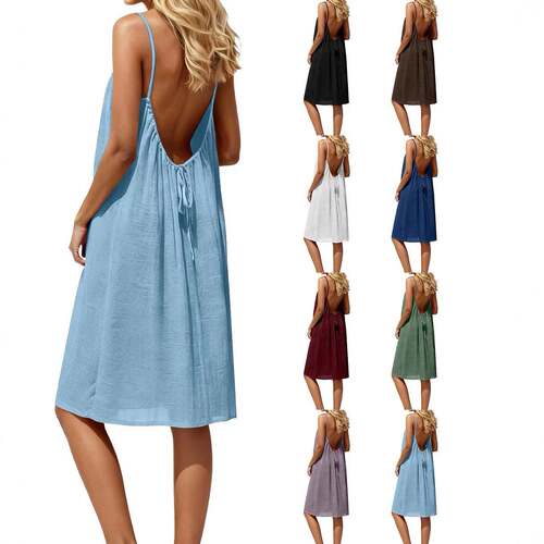Womens Backless Spaghetti Strap Solid Color Cami Dress -