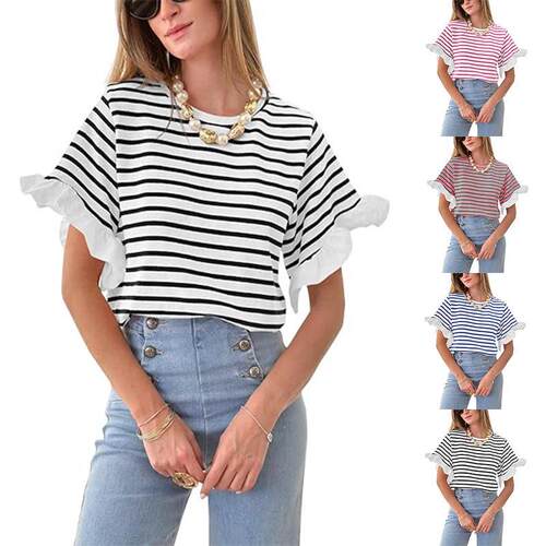 Women Striped Tops Ruffle Sleeve Casual Basic T Shirts
