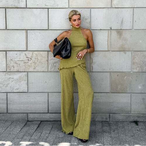 Women's Solid Backless Fitted Set Summer Top and Wide Leg