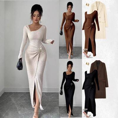 Womens Elegant Chic Asymmetric Neckline Long Sleeve Dress
