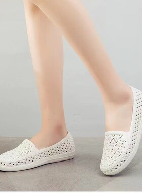 夏季白色女鞋护士凉鞋工作鞋护工舒适妈妈鞋平底镂空漂流洞洞鞋夏