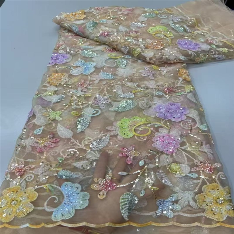 新款彩色花卉珠管绣蕾q丝花边辅料婚纱礼服珠子面料非洲蕾丝面料