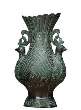 青铜器古摆件青铜l双凤尊酒樽吉祥鸟尊古玩家居装饰工艺品铜花瓶