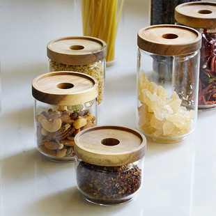蓝莲花储物罐密封罐玻璃相思木盖厨房家用糖果罐茶叶罐有盖圆形