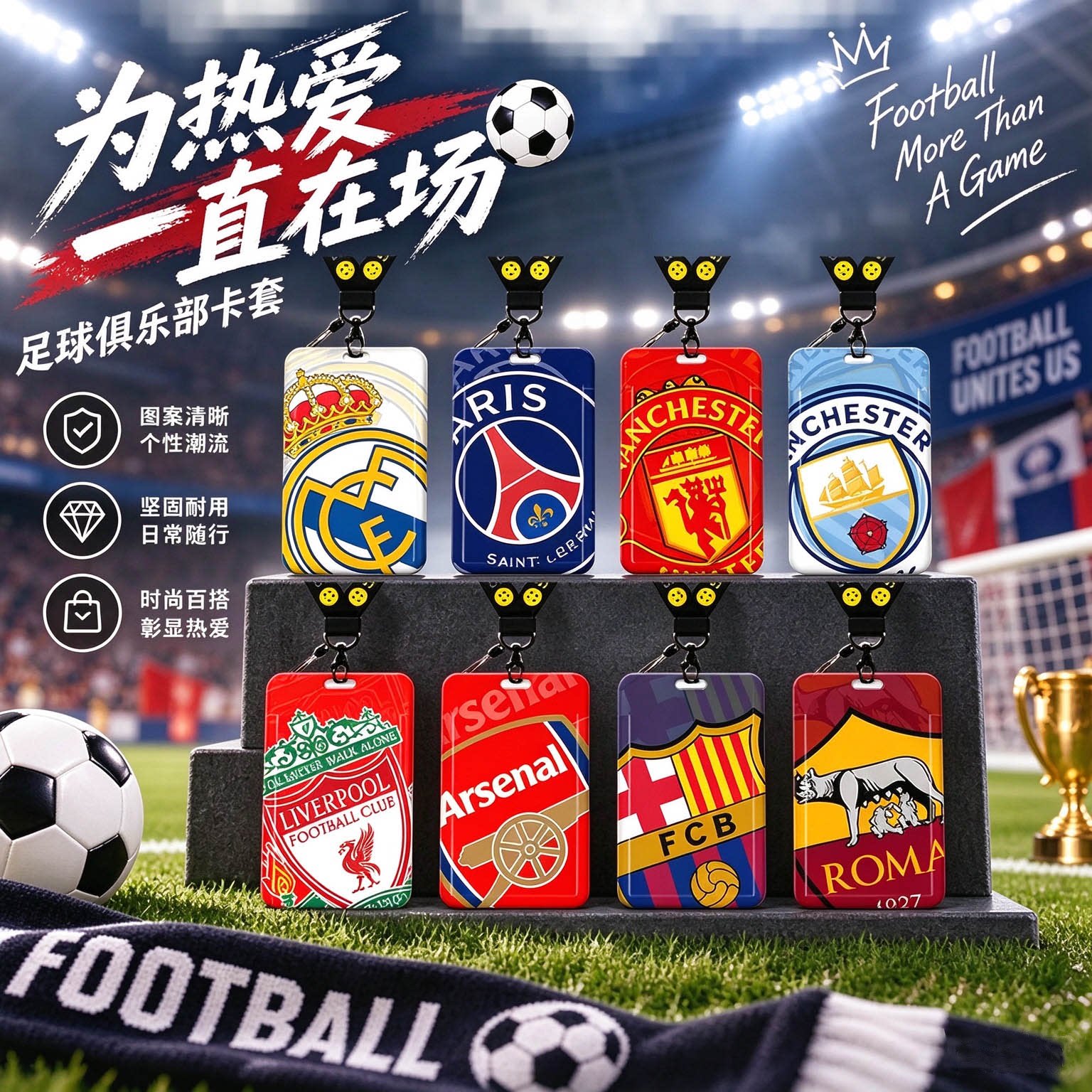 曼城卡套饭卡校园卡公交卡学生水卡证件工作证工牌证件套校牌钥匙扣带挂绳挂脖曼联巴黎足球队徽热刺利物浦男