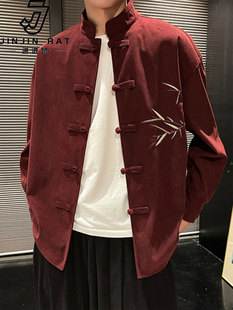 灯芯绒休闲宽松衬衣唐装 新中式 男款 衬衫 外套 竹子刺绣立领盘扣长袖