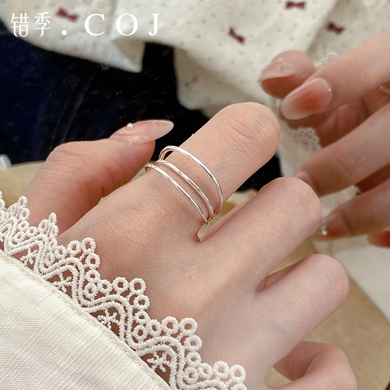 s925纯银不规则戒指女三层线条