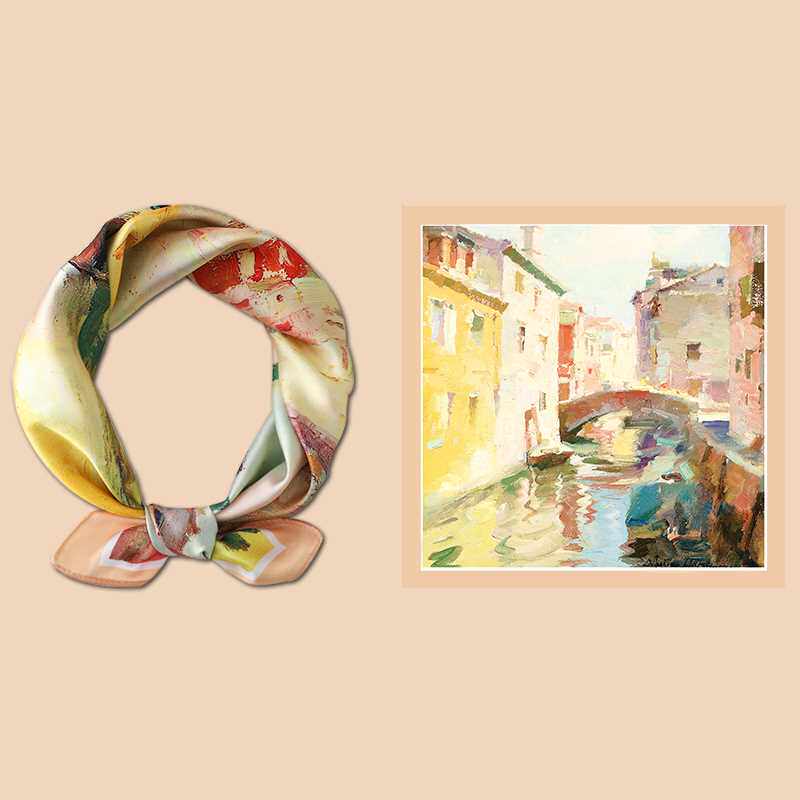 小方巾丝巾女油画护颈围脖子装饰春秋夏季领带薄围巾正方形50x50