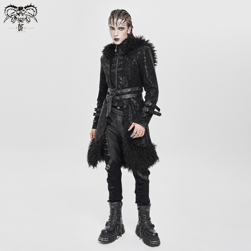 DEVIL FASHION恶魔时尚朋克长卷毛连帽蛇纹皮外套【CT272】