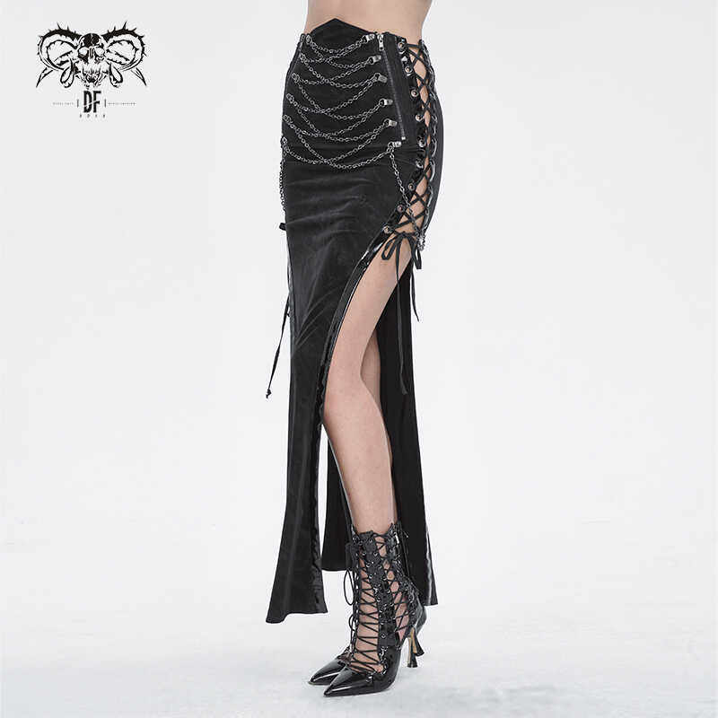 Devil fashion 暗黑朋克风两边侧缝破开衩高腰重工艺半身裙SKT191
