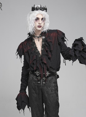 Devil fashion恶魔时尚 哥特朋克双层网手绘酒红色长袖衬衫SHT148