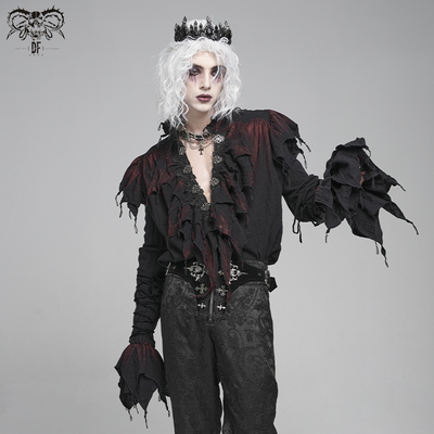 Devil fashion恶魔时尚 哥特朋克双层网手绘酒红色长袖衬衫SHT148