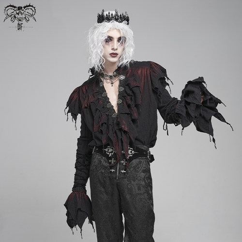 Devil fashion恶魔时尚 哥特朋克双层网手绘酒红色长袖衬衫SHT148