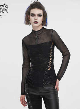 Devil fashion 女黑色蕾丝透视拼接丝绒长袖上衣【TT255】