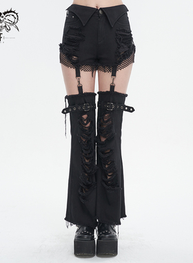 Devil fashion哥特洗水破洞牛仔短裤显瘦个性拼接毛边潮【PT206】