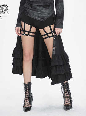 Devil fashion 黑色纱卡斜纹料拼荷叶波边半裙【SKT195】