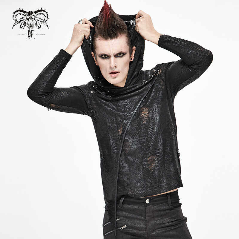 Devil fashion 恶魔时尚男装暗黑朋克破旧连帽长袖T恤24秋冬TT164