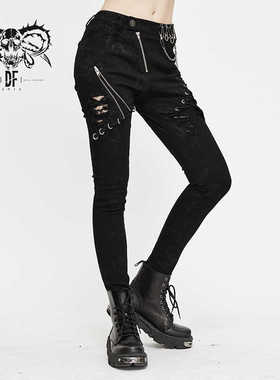 Devil fashion 重金属长裤牛仔裤修身中腰黑色弹力显瘦【PT120】