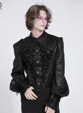 Devil fashion恶魔时尚 皱折亮光梭织哥特穿绳长袖衬衫男装SHT136