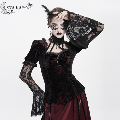EVA LADY 暗黑哥特挂脖丝绒喇叭长袖T恤秋冬新款上衣ETT04201/02