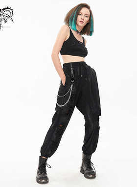 Devil fashion 美式运动休闲夏季黑色做旧烧花手绘女裤【PT174】