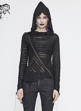 Devil Fashion 万圣节两穿斜拉链基本款T恤黑色连帽防晒衣TT147