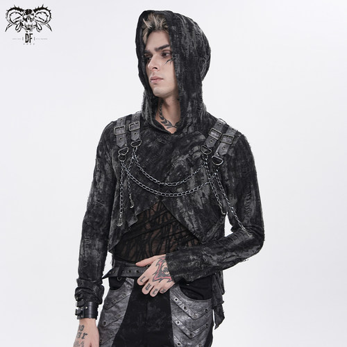 DEVIL FASHION恶魔时尚黑灰双色破条连帽长袖T恤【TT318】