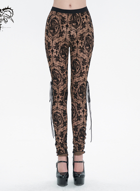 Devil Fashion 女装黑色 女王植绒印花网打底裤【PT10702】
