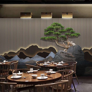 饰古典墙纸 新中餐式 厅背景墙壁纸现代中国风3d立体山峦茶室过道装