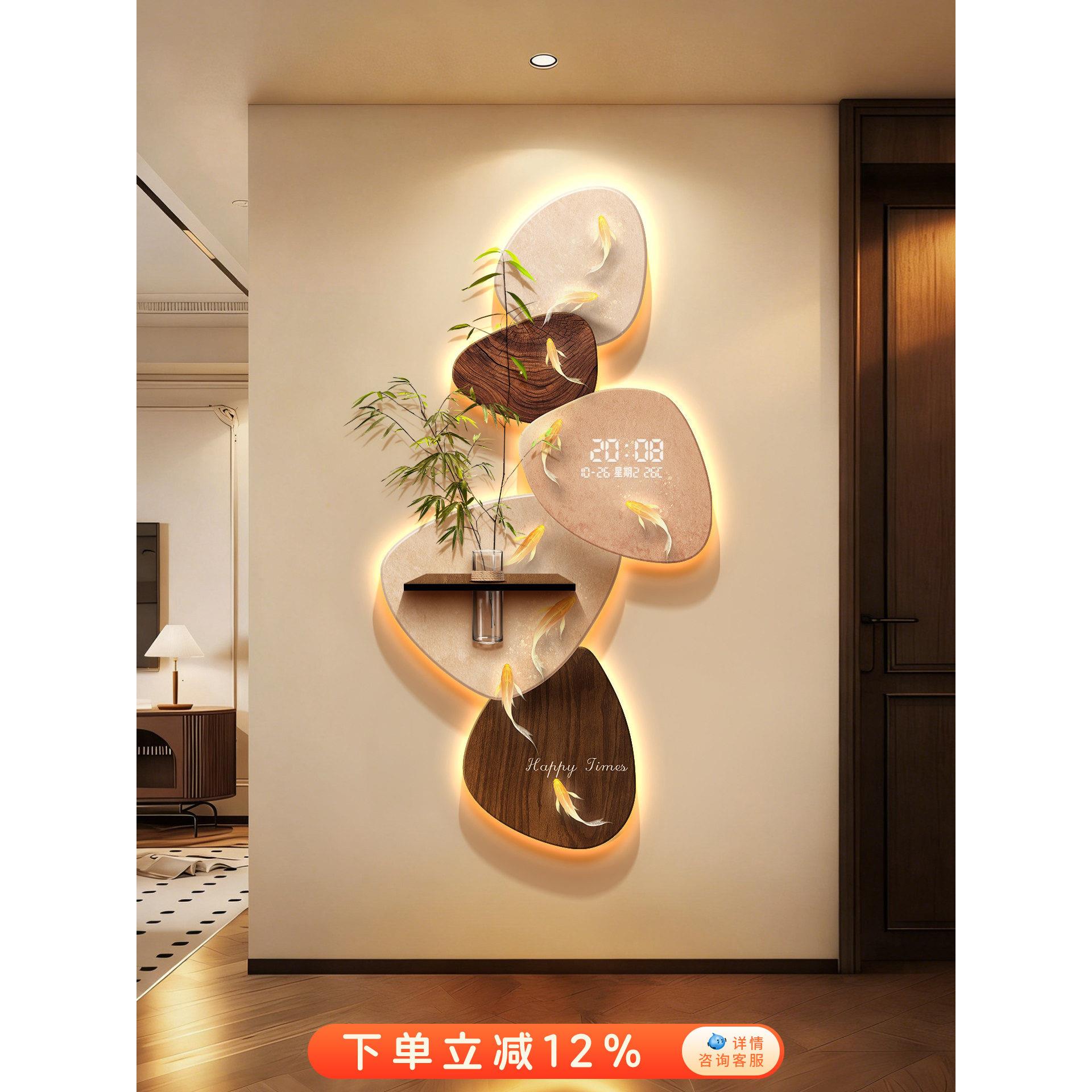 中古风挂钟九鱼图玄关装饰画入户正对门挂画高级感水培绿植电子钟图片