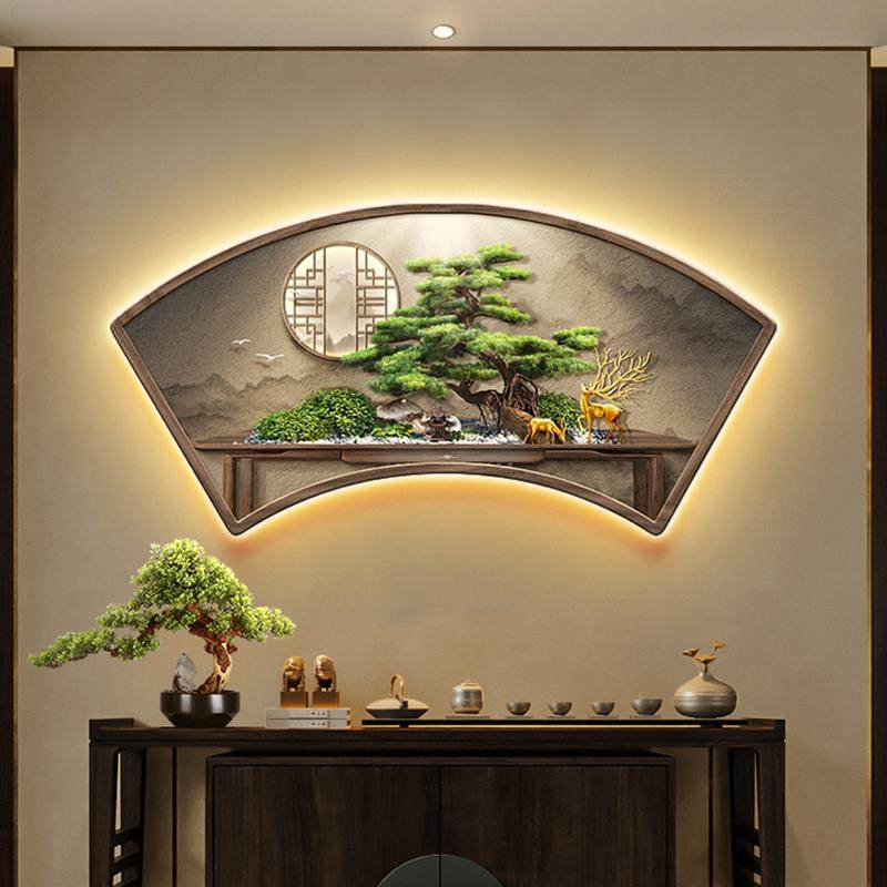 迎客松扇形玄关装饰画 画新中式走廊带灯发光挂件画 画山水入户茶