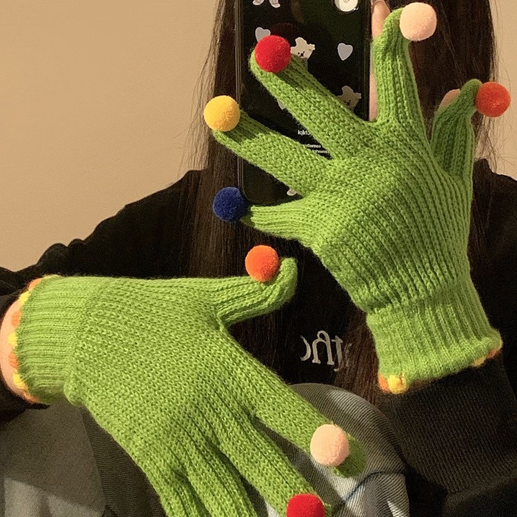 彩色球球毛线针织手套女冬季可爱小球触屏露手指头保暖五指骑车暖