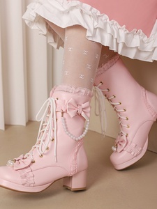 女童粉色高跟鞋儿童粗跟马丁靴冬季加绒公主风短靴2023新款靴子