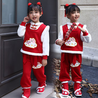 女童拜年服红色唐装儿童冬装宝宝中国风过年服汉服小童周岁表演服