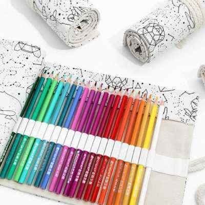 36孔72孔铅笔笔帘48s绘画彩铅笔帘卷笔袋帆布防R落式铅笔帘文具素