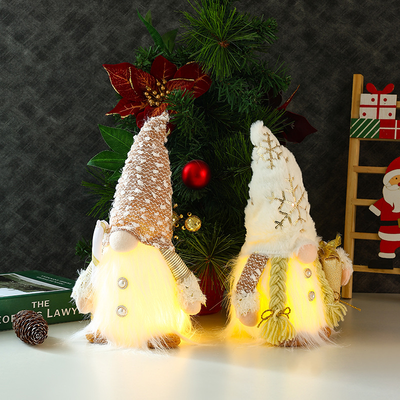 新款圣诞节装饰长胡子毛绒发光拿礼物拐杖圣诞老人无脸娃娃摆件