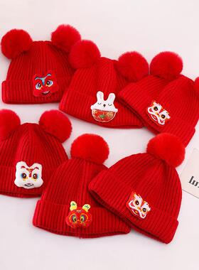 儿童帽子冬季婴儿围巾两件套过年大红色喜庆针织帽中国风醒狮毛线