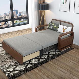 90cm实木单人沙发床可折叠布艺推拉床1米中式客厅小户型可以做床