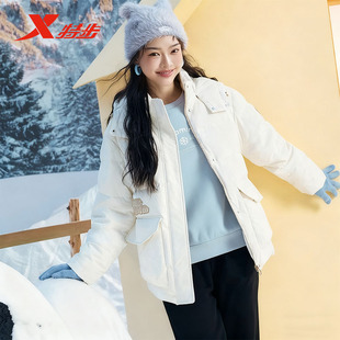 特步时尚羽绒服女2025冬季新款连帽保暖字母休闲百搭975428190182