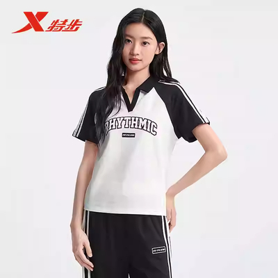 特步POLO衫女2025年夏季新品学院风短款女装运动短袖975228020497