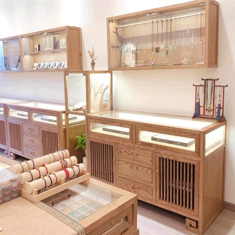 珠宝首饰展示柜透k明玻璃柜台博物馆展柜中式实木茶桌饰品中岛柜