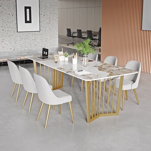 轻奢岩板长条会议桌餐桌办公桌椅B组合简约吃饭桌接待洽谈桌二合