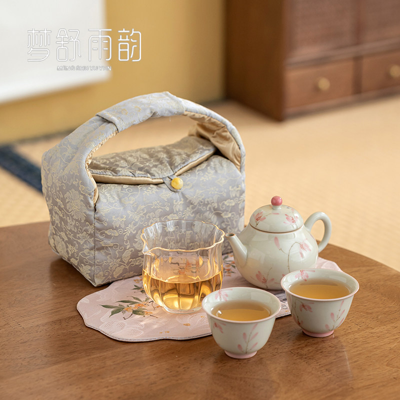 草木灰手绘蝴蝶兰花茶壶一壶两杯功夫茶具L便携装布包旅行茶具套