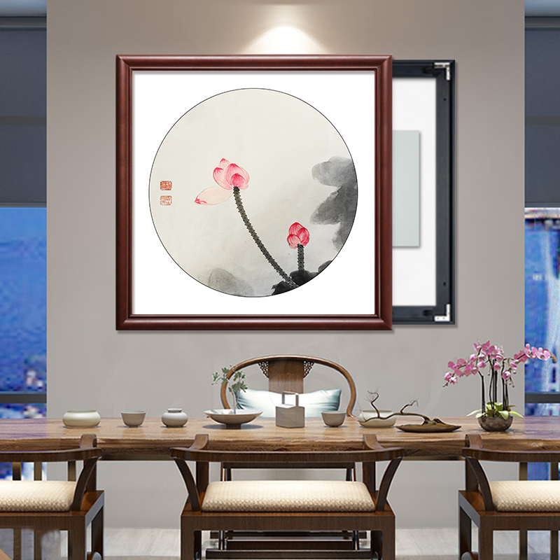 荷花电表箱新中式装饰画免打孔遮挡电闸盒配电箱推拉轨道餐厅挂画