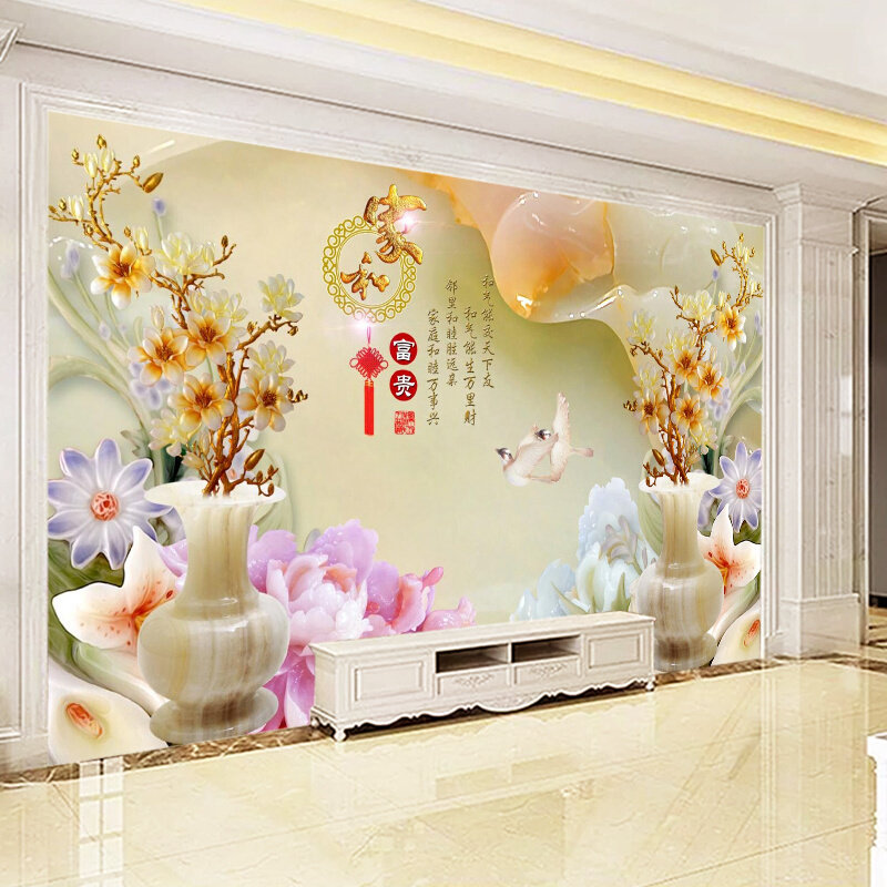 电视背景墙壁纸8d立体玉雕影视墙壁画定制墙布客厅壁布金玉满堂