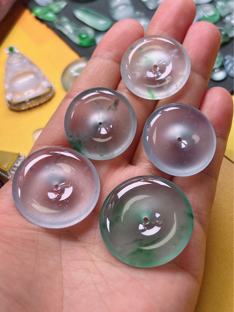 傅氏珠宝玻璃种平安扣木那料雪花棉扣子批发