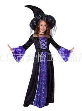 万圣节儿童女巫表演出服饰cos化妆舞会小女孩紫色女巫巫婆衣服装
