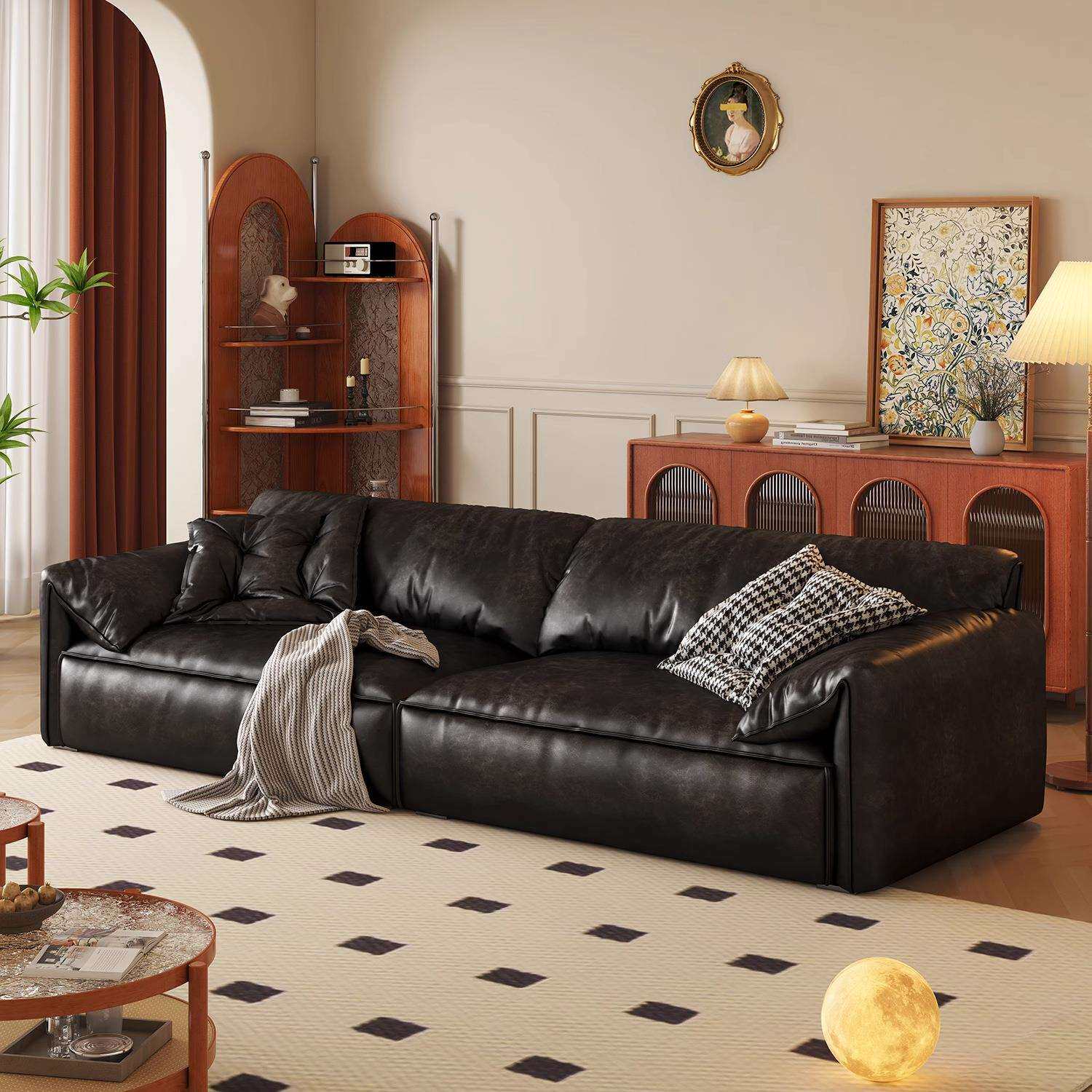 中古风真皮沙发客厅美式复古焦糖色直排沙发大象耳朵油蜡皮沙发